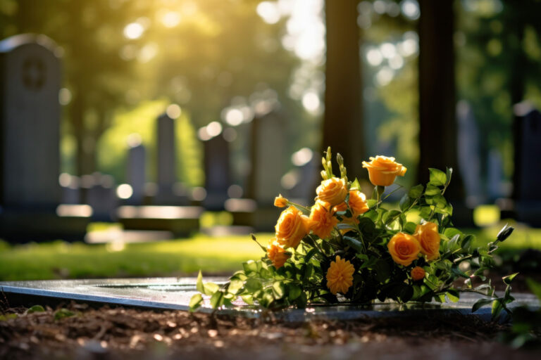 yellow flowers on a headstone in a cemetery